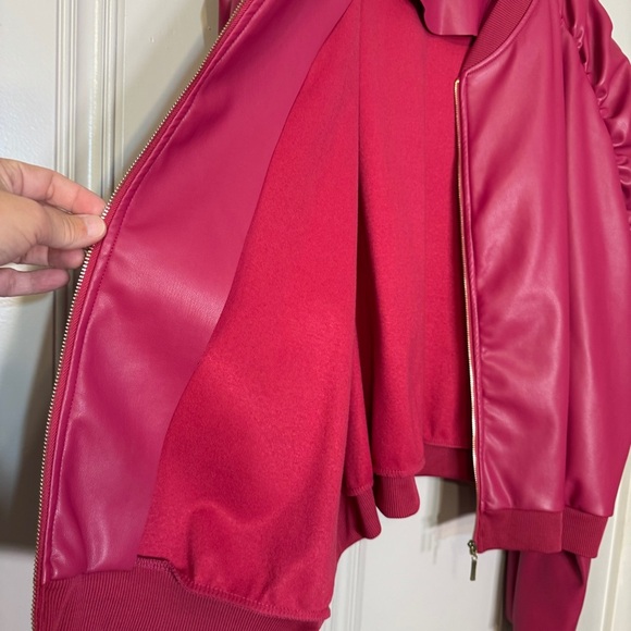 Ashley Stewart Plus Size Faux Leather Ruched Bomber Jacket Hot Pink Ruffle 32 5X - Picture 12 of 13
